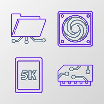 Set line RAM, random access memory, Tablet with text 5k, Computer cooler and Illustrazione stock