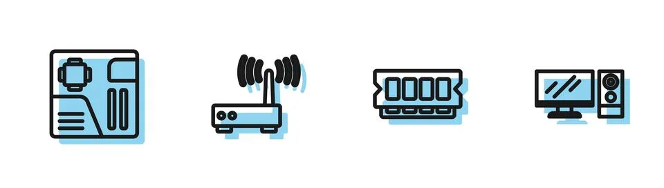Set line RAM, random access memory, Motherboard digital chip, Router wi-fi Illustrazione stock