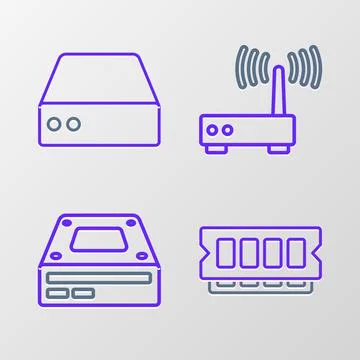 Set line RAM, random access memory, Optical disc drive, Router wi-fi signal a Stockillustratie