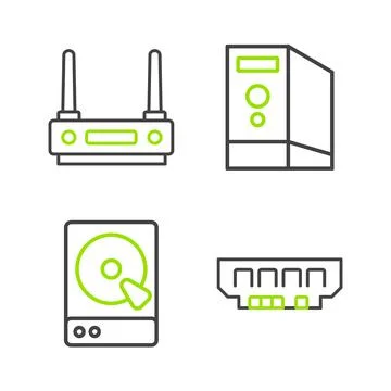 Set line RAM, random access memory, Hard disk drive HDD, Case of computer and 스톡 일러스트