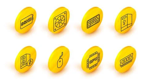 Set line RAM, random access memory, Processor with CPU, Computer mouse, Case of Stock Illustration