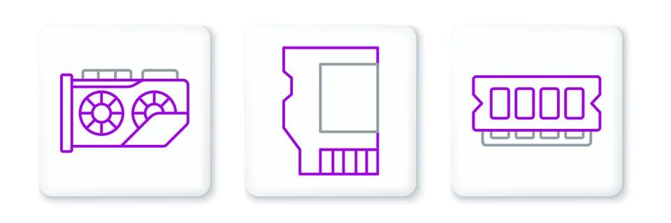 Set line RAM, random access memory, Video graphic card and SD icon. Vector Illustrazione stock