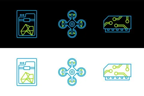 Set line RAM, random access memory, 3D printer and Drone icon. Vector Stock Illustration