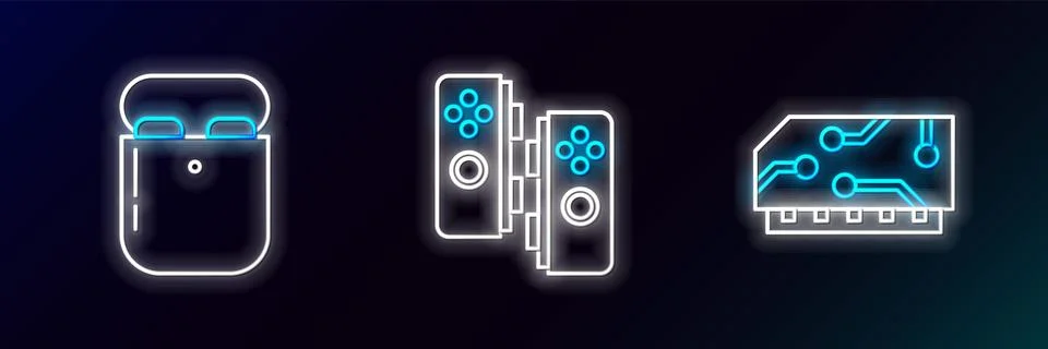Set line RAM, random access memory, Air headphones in box and Gamepad icon Stock Illustration