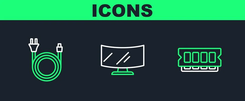 Set line RAM, random access memory, Electric plug and Computer monitor screen Stock Illustration