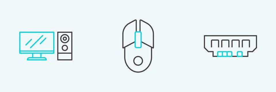 Set line RAM, random access memory, Computer monitor and mouse icon. Vector Illustrazione stock