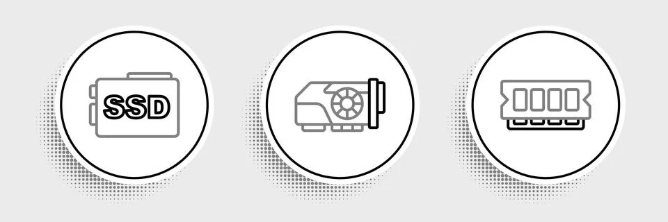 Set line RAM, random access memory, SSD card and Video graphic icon. Vector Illustrazione stock