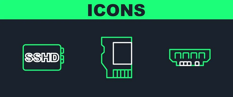Set line RAM, random access memory, SSHD card and SD icon. Vector Illustrazione stock