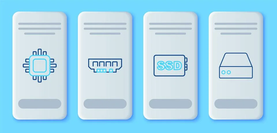 Set line RAM, random access memory, SSD card, Processor with CPU and Server Stock Illustration