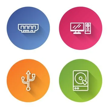 Set line RAM, random access memory, Computer monitor, USB and Hard disk drive Stock Illustration