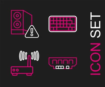 Set line RAM, random access memory, Router wi-fi signal, Keyboard and Case .. Stock Illustration