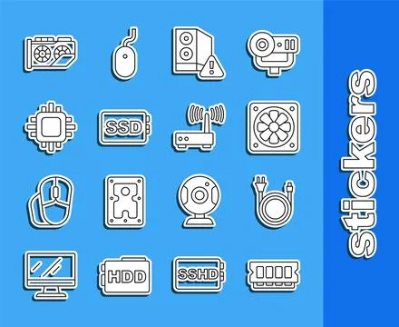 Set line RAM, random access memory, Electric plug, Computer cooler, Case of.. Stock Illustration