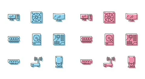 Set line RAM, random access memory, Router wi-fi signal, Computer monitor, .. Stock Illustration