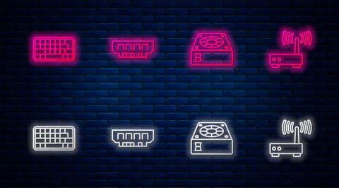 Set line RAM, random access memory, Computer cooler, Keyboard and Router wi.. Ilustración de archivo