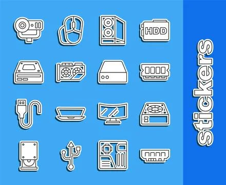 Set line RAM, random access memory, Computer cooler, Case of computer, Vide.. Stock Illustration