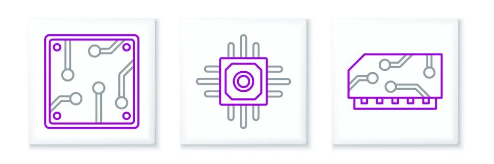 Set line RAM, random access memory, Processor and  icon. Vector Illustrazione stock