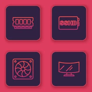 Set line RAM, random access memory, Computer cooler, SSHD card and monitor .. Stock Illustration