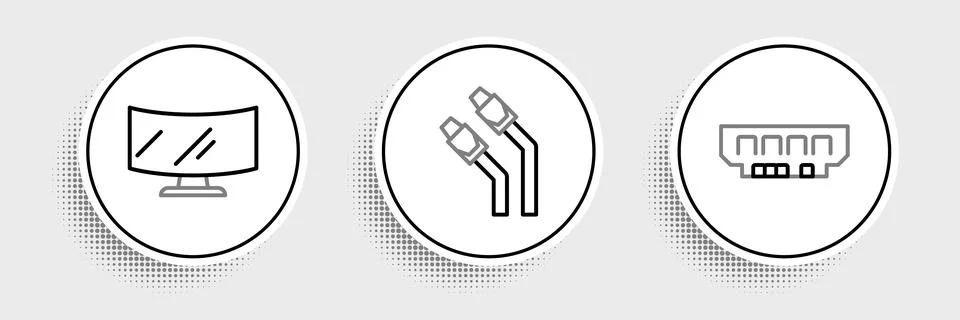 Set line RAM, random access memory, Computer monitor screen and LAN cable n.. Stock Illustration