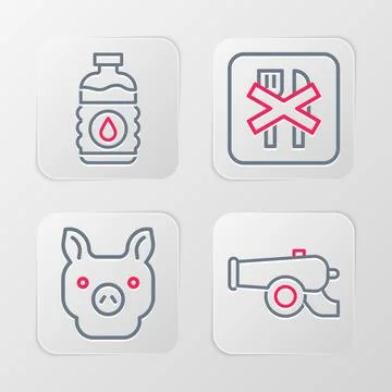 Set line Ramadan cannon, Pig, fasting and Bottle of water icon. Vector Stock Illustration