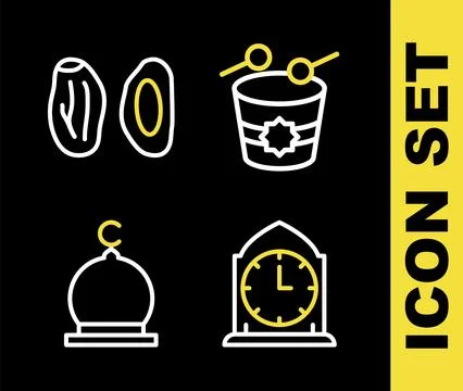 Set line Ramadan drum, Clock, Muslim Mosque and Date fruit icon. Vector Stock Illustration