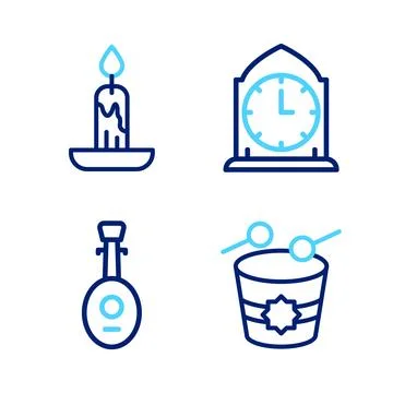 Set line Ramadan drum, Lute, Clock and Burning candle icon. Vector Stock Illustration