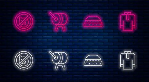 Set line Ramadan drum, Muslim hat for prayer, No pig and Shirt kurta. Glowing Stock Illustration