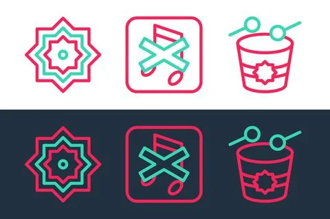 Set line Ramadan drum, Octagonal star and Speaker mute icon. Vector Stock Illustration