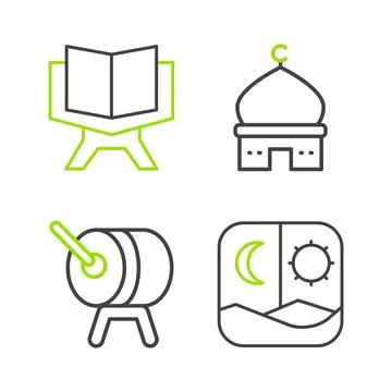 Set line Ramadan fasting, drum, Muslim Mosque and Holy book of Koran icon. .. Stock Illustration