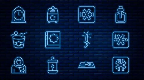 Set line Ramadan fasting, No Smoking, sweets, Holy book of Koran, drum, Clo.. Stock Illustration