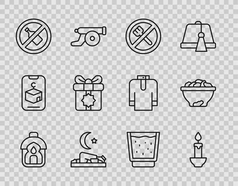 Set line Ramadan Kareem lantern, Burning candle, fasting, Muslim man prays, No Illustrazione stock