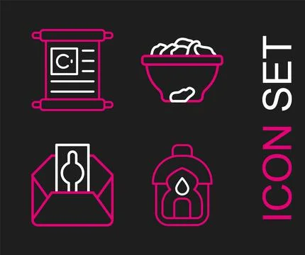 Set line Ramadan Kareem lantern, Donate or pay your zakat, Date fruit in bowl Stock Illustration
