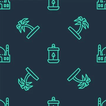 Set line Ramadan Kareem lantern, Tropical palm tree and Muslim Mosque on se.. Stock Illustration