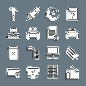 Set line Ranking star, Falling, Taxi car, Moon and stars, Car wash, Computer Illustrazione stock