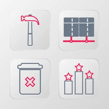 Set line Ranking star, Trash can, Server, Data, Web Hosting and Hammer icon.  Stock Illustration