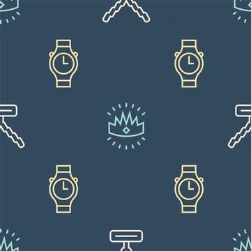 Set line Rapper chain, Wrist watch and King crown on seamless pattern. Vector イラスト素材