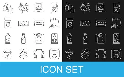 Set line Rapper, Stereo speaker, Wide pants, Laptop with music, Stacks paper Illustrazione stock