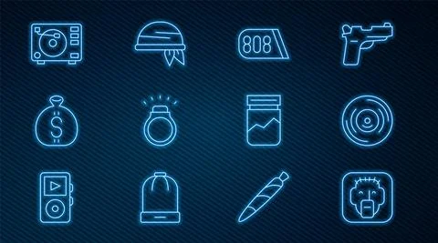 Set line Rapper, Vinyl disk, Drum machine music, Diamond ring, Money bag, player Stock Illustration