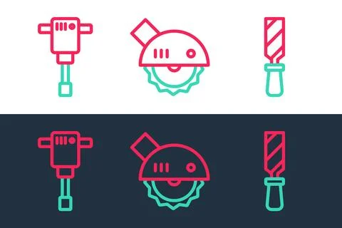 Set line Rasp metal file, Construction jackhammer and Electric circular saw icon Illustrazione stock