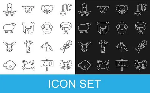 Set line Rat head, Fish skeleton, Collar with name tag, Elephant, Bear, Sheep Stock Illustration