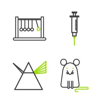 Set line Rat, Light rays in prism, Syringe and Pendulum icon. Vector Stock Illustration