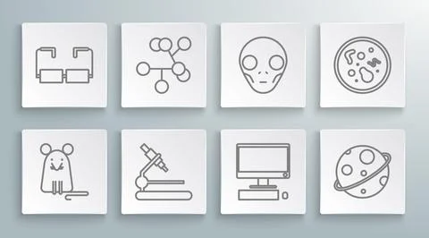 Set line Rat, Molecule, Microscope, Computer monitor with keyboard and mouse Stock Illustration