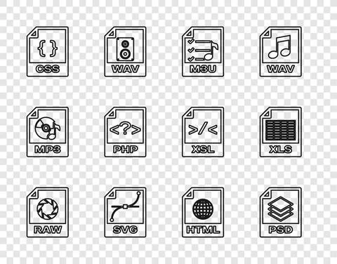 Set line RAW file document, PSD, M3U, SVG, CSS, PHP, HTML and XLS icon. Vector Stock Illustration