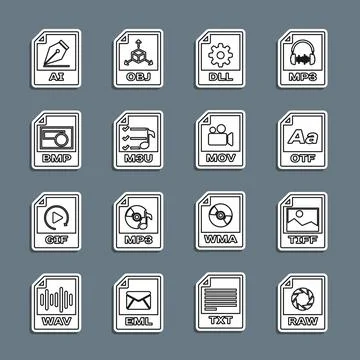 Set line RAW file document, TIFF, OTF, DLL, M3U, BMP, AI and MOV icon. Vector 库存插图