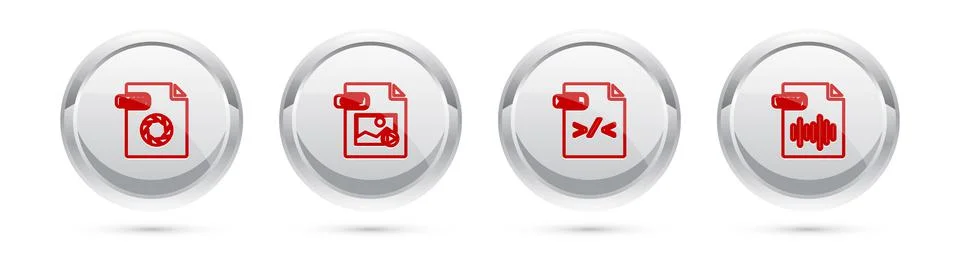 Set line RAW file document, GIF, XSL and WAV. Silver circle button. Vector Stock Illustration