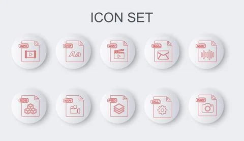 Set line RAW file document, 3DS, MOV, DLL, MP4, OTF, and PSD icon. Vector Stock Illustration