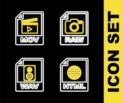 Set line RAW file document, HTML, WAV and MOV icon. Vector Stock Illustration
