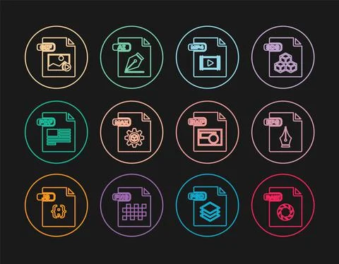 Set line RAW file document, EPS, MP4, MAX, PDF, GIF, BMP and AI icon. Vector 库存插图