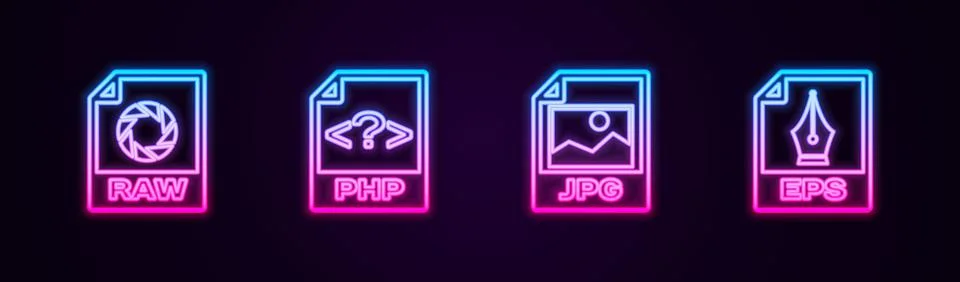 Set line RAW file document, PHP, JPG and EPS. Glowing neon icon. Vector Stock Illustration