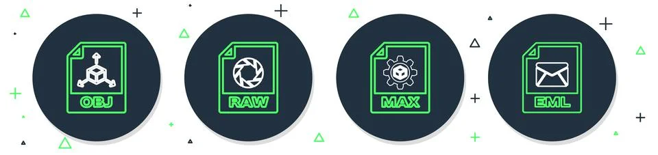Set line RAW file document, MAX, OBJ and EML icon. Vector Illustrazione stock