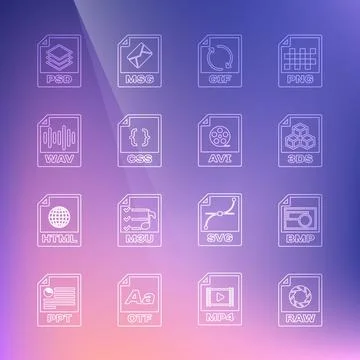 Set line RAW file document, BMP, 3DS, GIF, CSS, WAV, PSD and AVI icon. Vector Stock Illustration